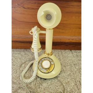 DECO-TEL VINTAGE CANDLESTICK PHONE BRASS ROTARY DIAL BEIGE GOLD TRIM works